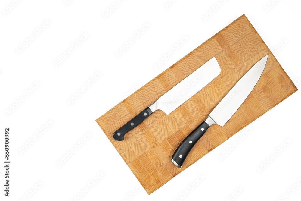 Cook Knife on the wooden endgrain cutting board above white background Cook Knife on the wooden endgrain cutting board above white background