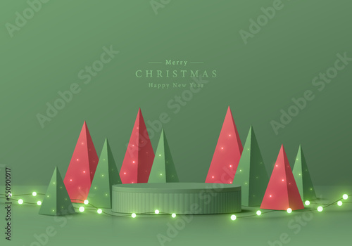 Abstract realistic 3D cylinder pedestal podium, Neon bulb on red and green christmas tree in pyramid shape. Minimal wall scene mockup product display. Merry christmas new year vector stage concept.
