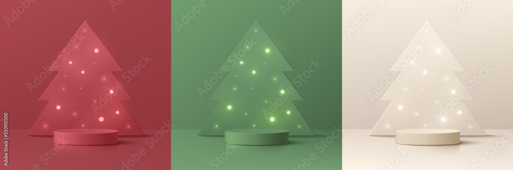 Premium Vector  Podium with neon light christmas tree illustration vector