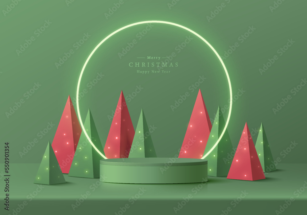Premium Vector  Podium with neon light christmas tree illustration vector