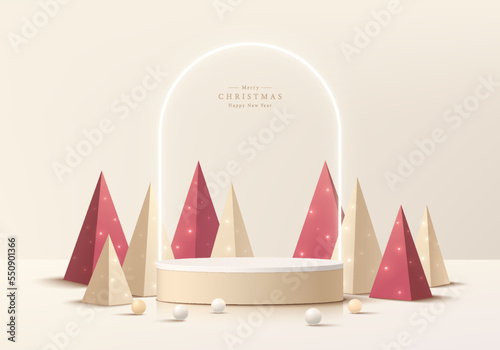 Abstract realistic 3D cream gold, red cylinder pedestal podium with Luxury christmas tree and ball. Merry christmas and happy new year scene product display presentation. Vector rendering platform.