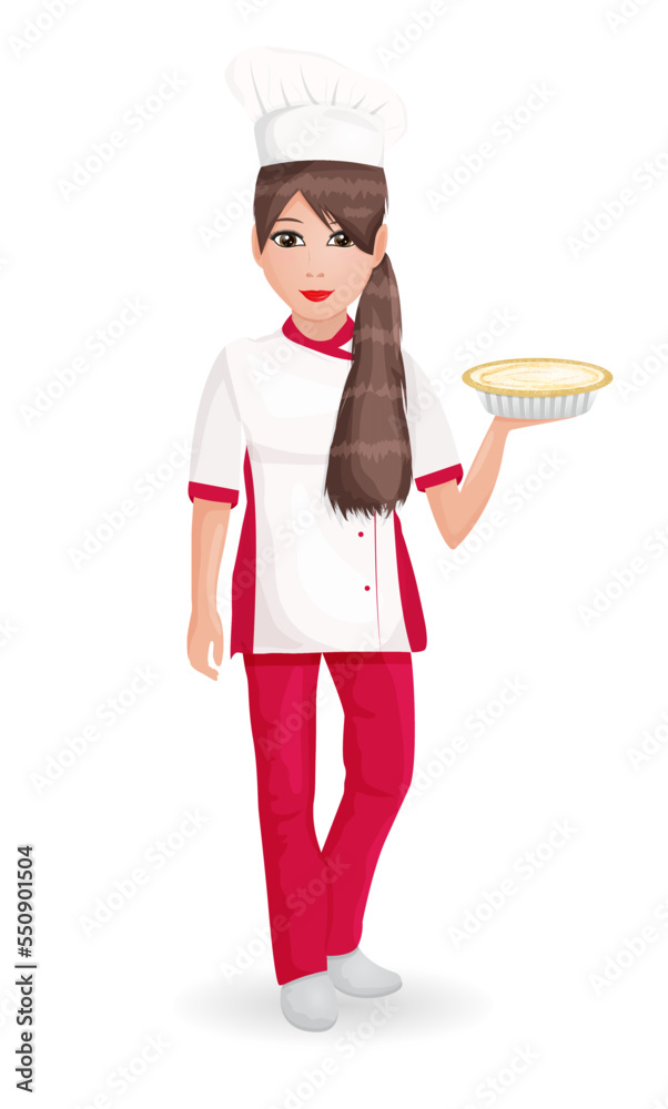 Beautiful cartoon character of smiling woman confectioner isolated on white background. Pastry-cook female in professional clothing and cook hat standing and holding a pie. Pastry concept. Vector Beautiful cartoon character of smiling woman confectioner isolated on white background. Pastry-cook female in professional clothing and cook hat standing and holding a pie. Pastry concept. Vector