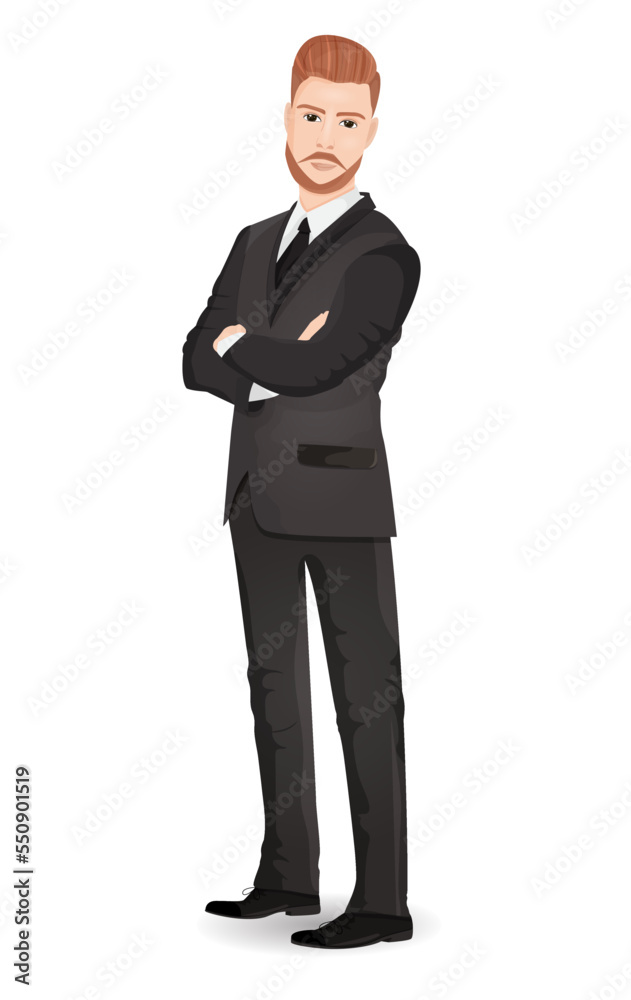 Cartoon character of confident businessman isolated on white background. Man in tuxedo, black jacket with tie, pants and shoes. Male character arms crossed stands half-sided. Vector illustration