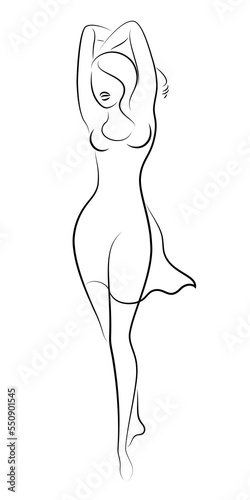 Silhouette of a woman in a modern continuous line style. The girl is slim and beautiful. Lady suitable for aesthetic decor, posters, stickers, logo. Vector illustration.