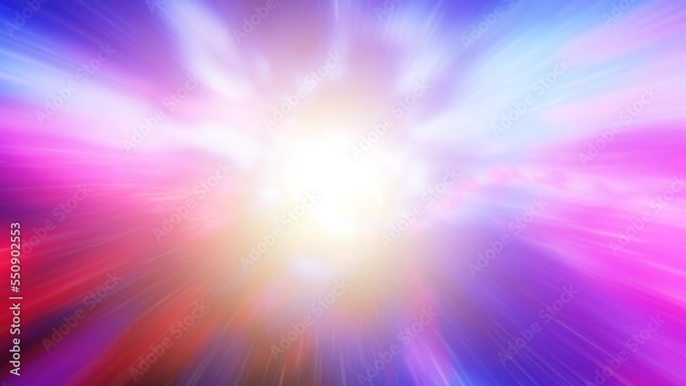Colorful abstract hyperspace tunnel through space time vortex. Abstract teleportation velocity jump in cyberspace with supernova light. Seamless Loop Sci-Fi interstellar space travel through wormhole.
