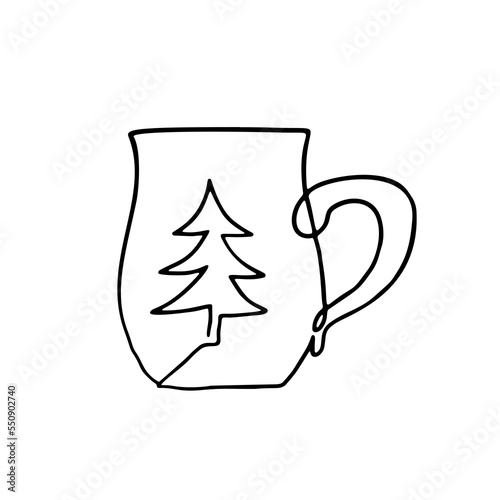 Hand drawn continuous inky line cup decorated with fir tree isolated on white background.