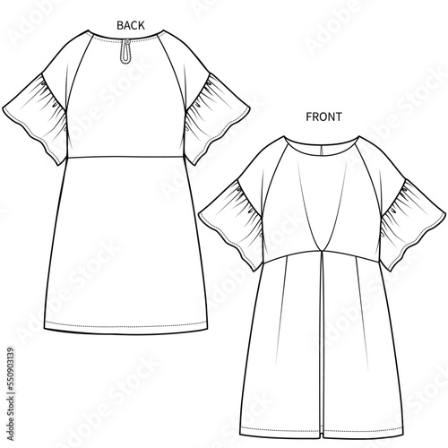 FRILLED RAGLAN SLEEVES WITH PLEATED FRONT WOVEN DRESS IN EDITABLE VECTOR 