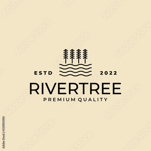 pine tree with river creek logo line art design vector
