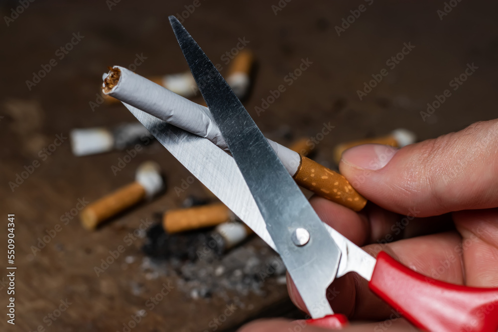 Obraz premium The concept of the fight against smoking and nicotine addiction. A man cuts a cigarette with scissors.