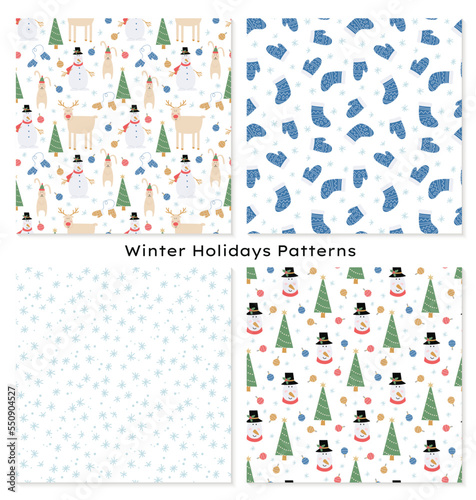 Set of 4 winter seamless patterns with Christmas trees, reindeers, rabbits, snowmans, mittens and snowflakes. Holiday decor for wrapping paper, scrapbooking, textile, fabric prints.