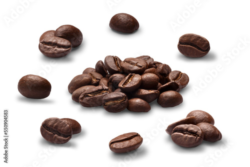 Set of roasted coffee beans or split flat berries, dark, chiaro, in piles and alone isolated png