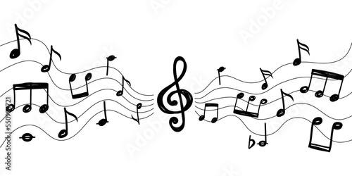 Music notes, party pattern. Sound of melody, ornament paper, vintage line mood. Monochrome abstract classic melody composition. Black line wave. Vector current icons isolated on background