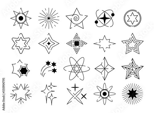 Christmas sparkle. Space star icon. Premium and favorite sign. Night sky. Magic glitter. Firework explosion. Xmas bursts. Pentacle and atom symbol. Vector geometry current pictograms set