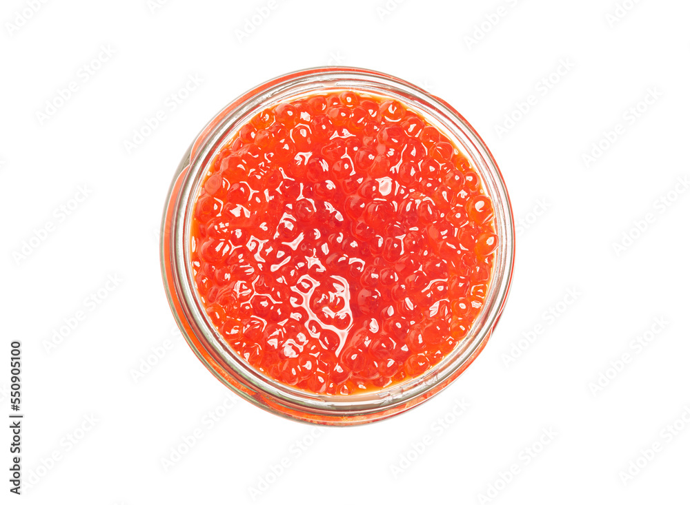 Glass jar with delicious red caviar isolated on white background. Glass jar with delicious red caviar isolated on white background.