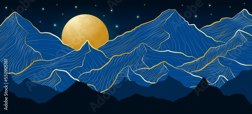 Abstract mountain art. Gold hills and starry sky. Luxury line landscape. Modern linear map texture. Midnight panorama. Rock peaks and moon. Foil contour drawing. Vector garish background