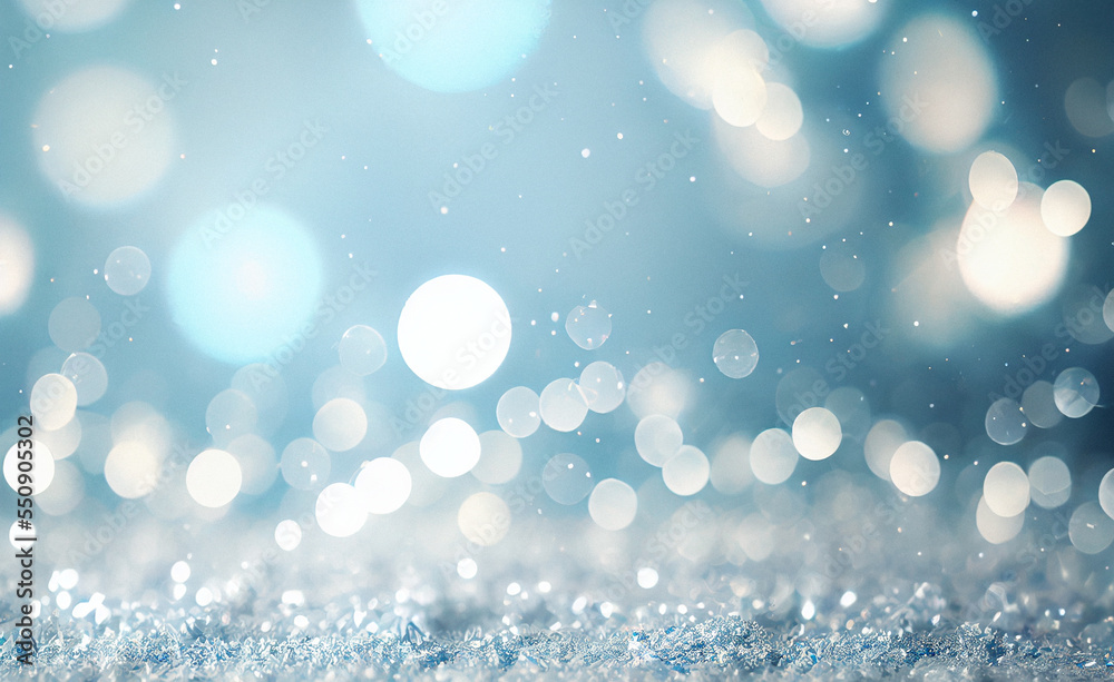Ice crystals and snowflakes on blue and silver glitter sparkles background. Christmas, winter background.	
