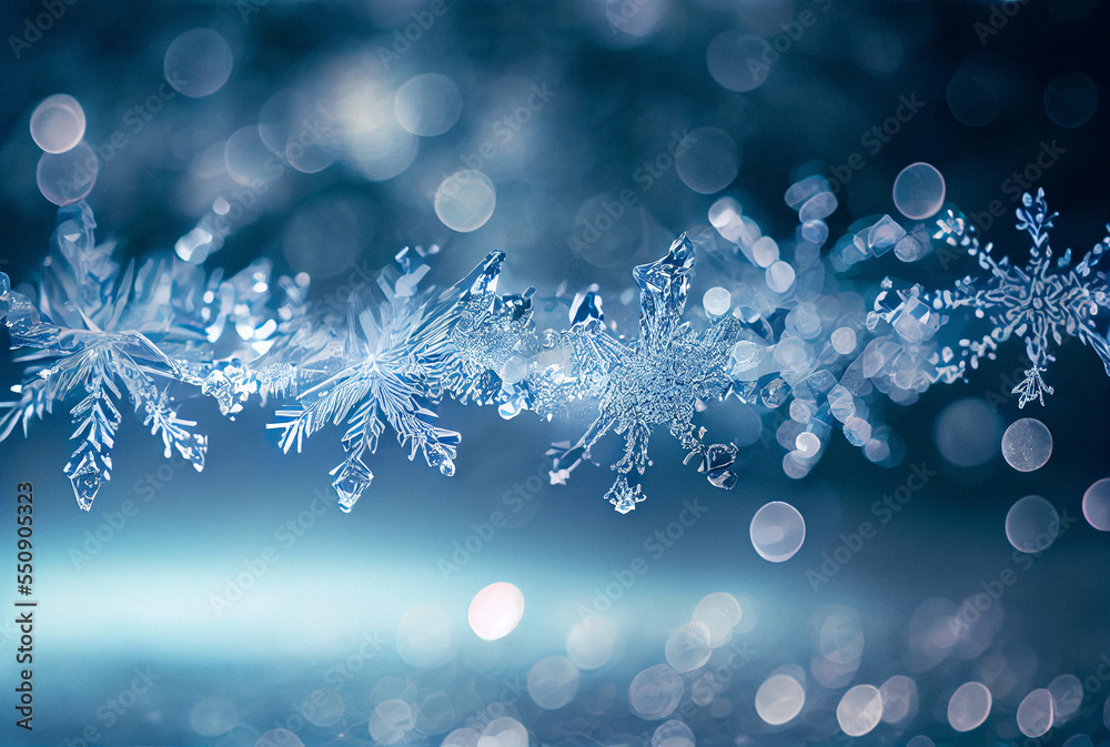 Ice crystals and snowflakes on blue and silver glitter sparkles background. Christmas, winter background. Ice crystals and snowflakes on blue and silver glitter sparkles background. Christmas, winter background.