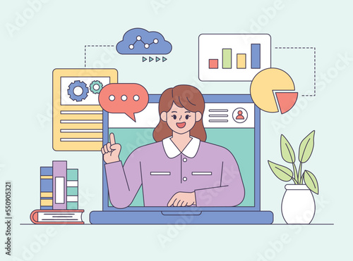Woman character preparing presentation. Meeting online with teleconference, work from home and work from anywhere concept. Outline flat style vector illustration.