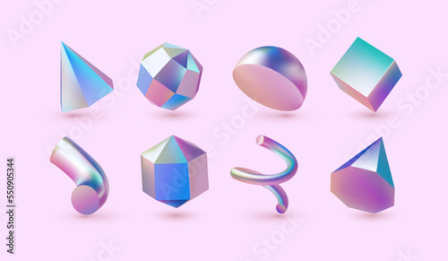 3d render gradient shape objects. Abstract sphere, circle ball, futuristic geometry neon metal. Holographic minimalist objects. Cube spiral and cone. Vector design exact elements photo