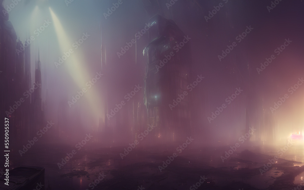 futuristic city landscape with mist and sunrays futuristic city landscape with mist and sunrays