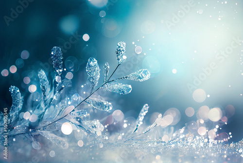 A branch covered with ice crystals. Christmas, winter background.