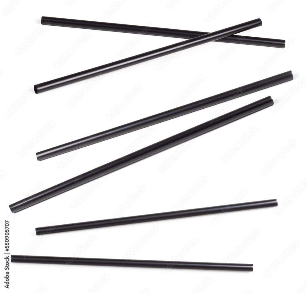 Set of black plastic drinking straw isolated on white background. Set of black plastic drinking straw isolated on white background.