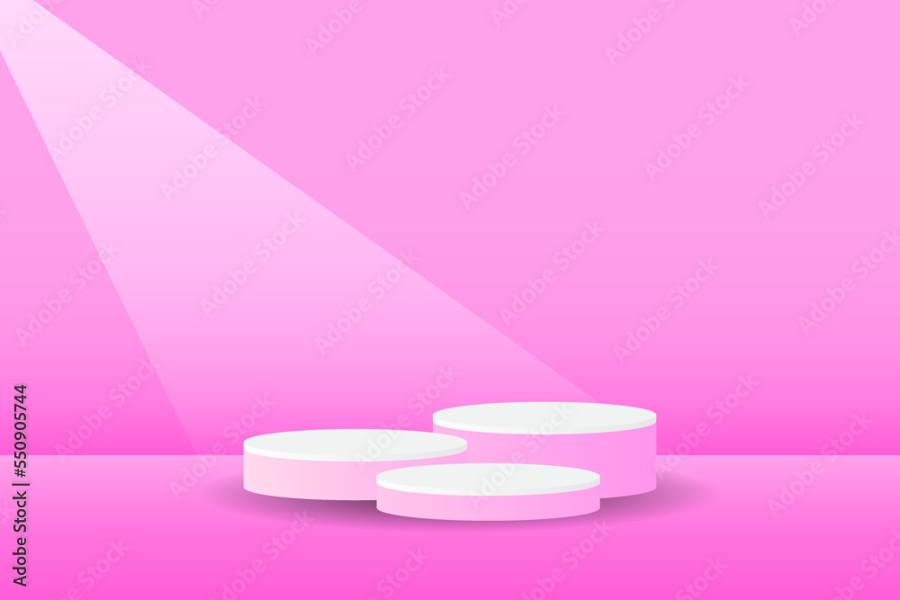 Abstract pink 3D room with set of realistic pink, white cylinder pedestal podium. Minimal scene for product display presentation. Geometric forms design. Round stage for showcase. Vector EPS10. Abstract pink 3D room with set of realistic pink, white cylinder pedestal podium. Minimal scene for product display presentation. Geometric forms design. Round stage for showcase. Vector EPS10.