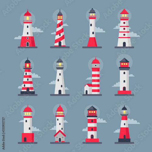 Red lighthouse. Water beach travel house. Light building. Isolated nautical construction and clouds. Sea navigation towers set. Ocean coast architecture. Vector flat tidy illustration © Natalia