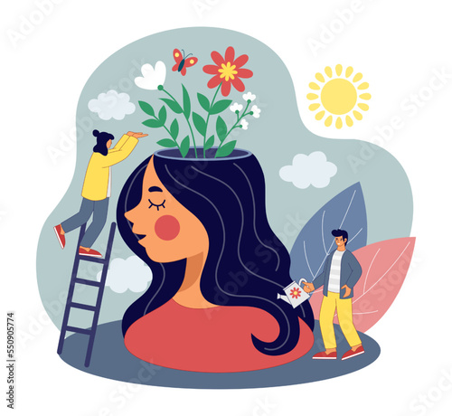 Positive intelligence emotions, mental health concept. Mind growth, beautiful brain healing, woman app. Head with flowers and tiny people. Vector flyer design tidy cartoon flat illustration
