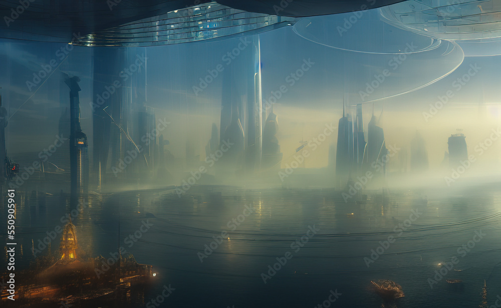 Obraz premium futuristic city landscape with mist and sunrays