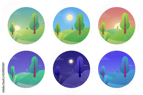 Day and night landscape. Morning dawn. Afternoon and evening sky. Sun light gradient. Dusk and sunset. Wild hills meadow with trees. Nature panoramas set. Vector illustration recent icons
