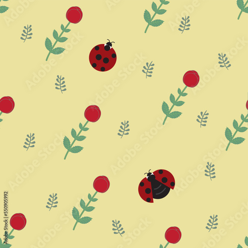 Seamless diaper pattern made of flowers and plants. Plants and ladybugs as elements, suitable for background and wrapping paper design.