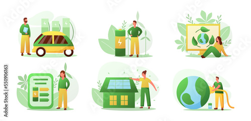 Sustainable home. Eco friendly car. Electric battery charging. Ecology conservation technologies concepts set. House environment. Renewable energy. Vector illustration recent infographic