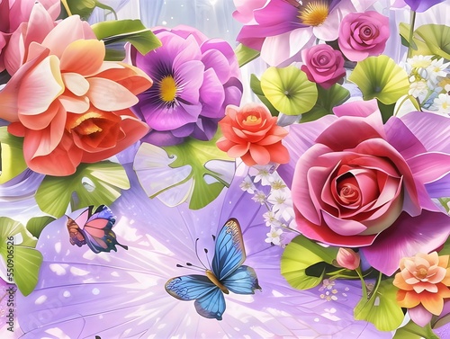 Pink roses background. Butterfly Roses Garden. Beautiful illustration of Rose flowers and butterflies. Background with Rose and butterflies.