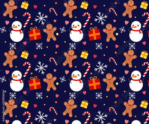 2023 Christmas/New year seamless blue pattern with cute winter cozy elements on a dark background, cartoon style.Vector illustration, flat.