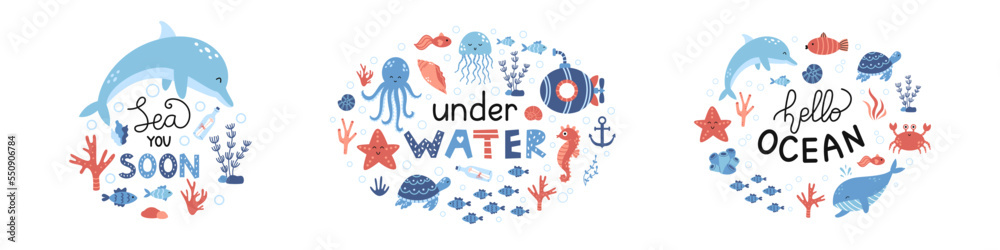 Set of vector illustrations with letterings and sea animals. Cute baby illustrations with phrases for poster, greeting card, banner and flyer. Sea inhabitants and water plants.