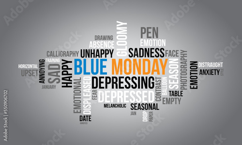Blue Monday word cloud background. Mental Health awareness Vector illustration design concept.