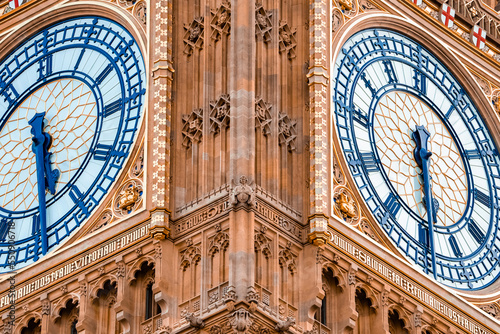 Close up view of the Big Ben clock tower and Westminster in London. Amazing details after renovation of the Big Ben.