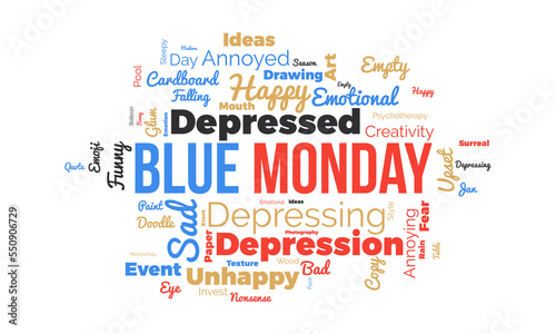 Blue Monday word cloud background. Mental Health awareness Vector illustration design concept.