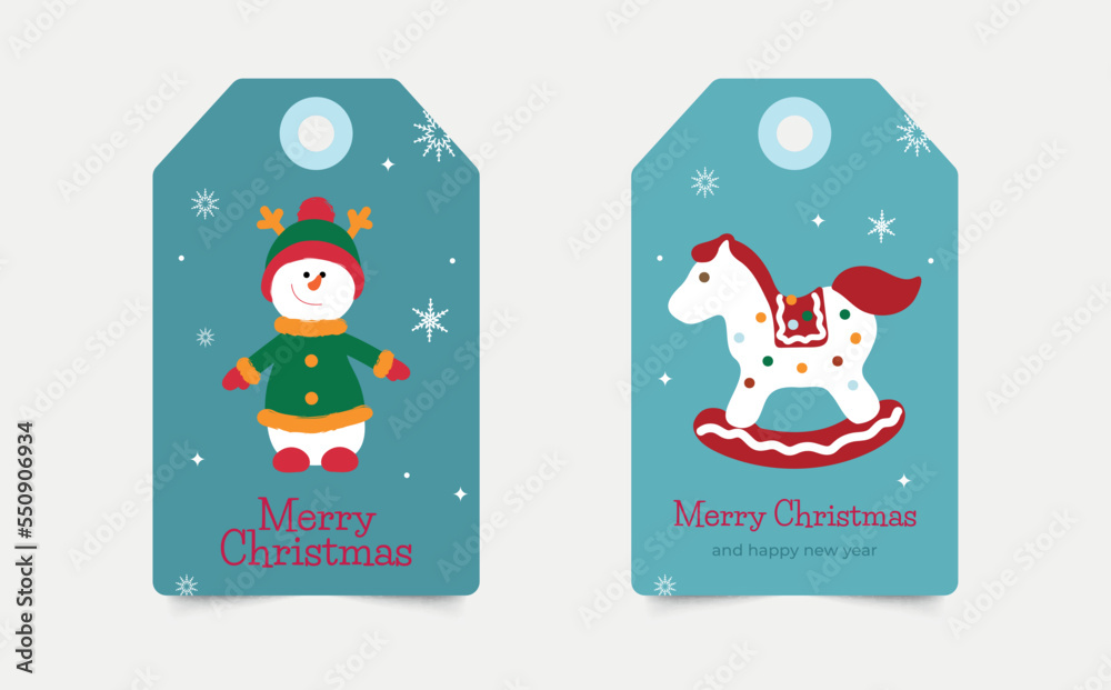 Fototapeta premium Set of Christmas labels with cute snowman and horse. hand-drawn