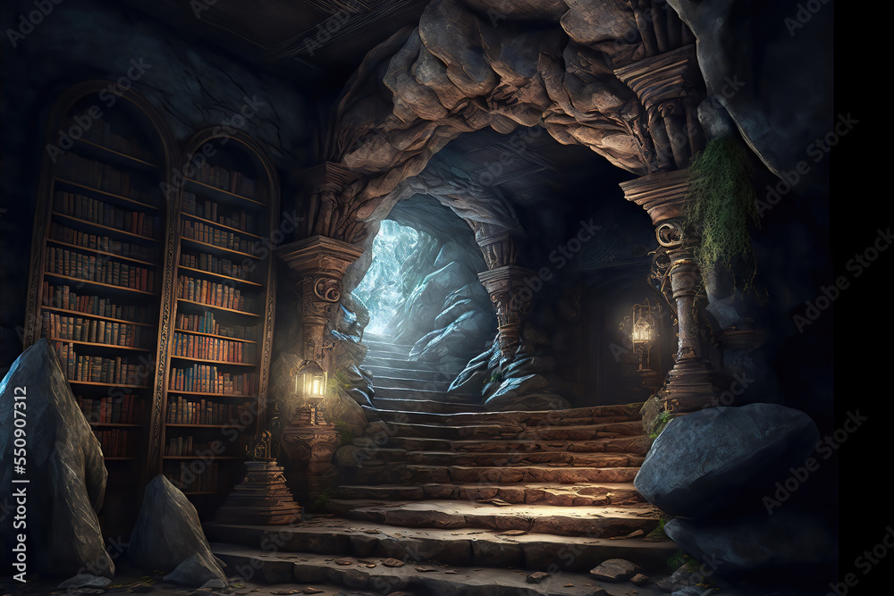 AI generated image of a conceptual modern library built inside an old