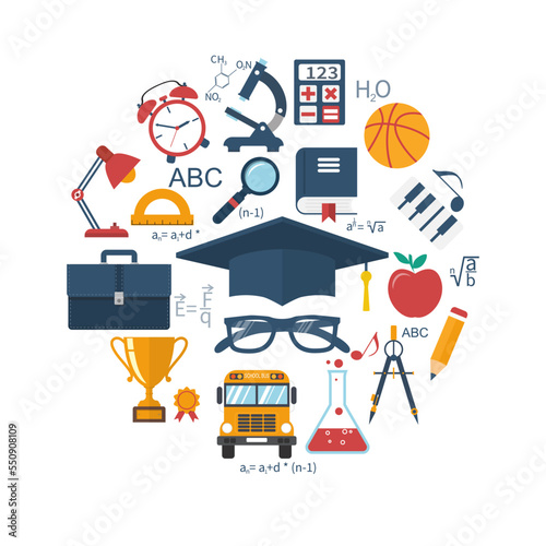 Education and learning concepts. Abstract circle with signs and elements of school subjects. Flat design, vector illustration. Education background.