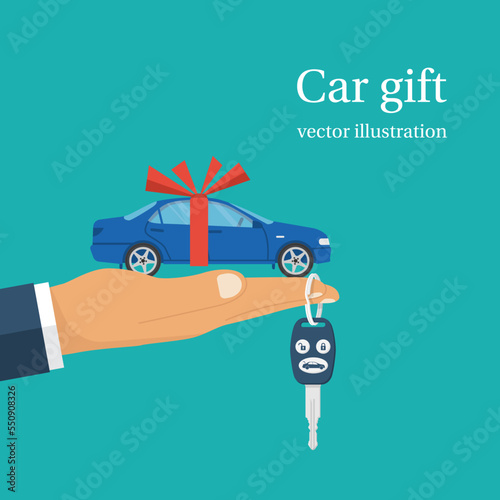 Car gift concept. Man holding in hand on palm auto with red ribbon. Vector illustration flat design. Best offer cars for sale, rent, template. Isolated on background. Presentation, show vehicle.