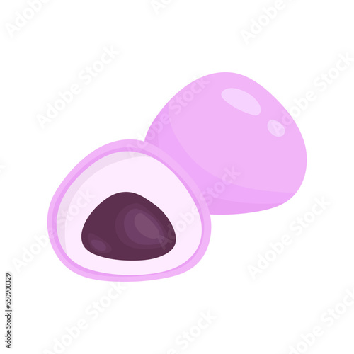 Vector illustration of pink mochi with azuki bean paste. Japanese traditional dessert. Asian food.