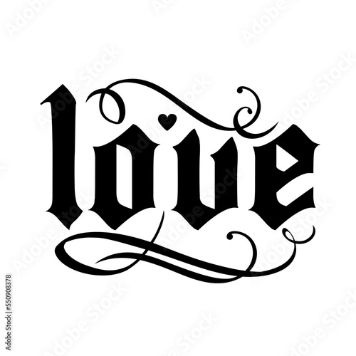 Retro goth love slogan. Goth font - Graphic text with decorations for girl tee - t shirt, sticker, tattoo, silhouette word. Vintage glam black and wight isolated embroidery