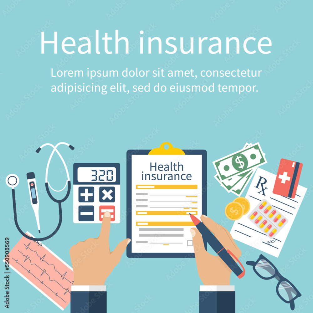Man at the table fills in the form of health insurance. Healthcare concept. Vector illustration flat design style. Life planning. Claim form. Medical equipment, money, prescription medications.