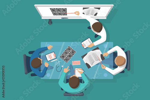 Training medical. Medical education. Doctor training. Vector flat. Lecture to trainees doctors. Medical conference. Discussions team of medical investigations. Training doctors. Mentor at blackboard.