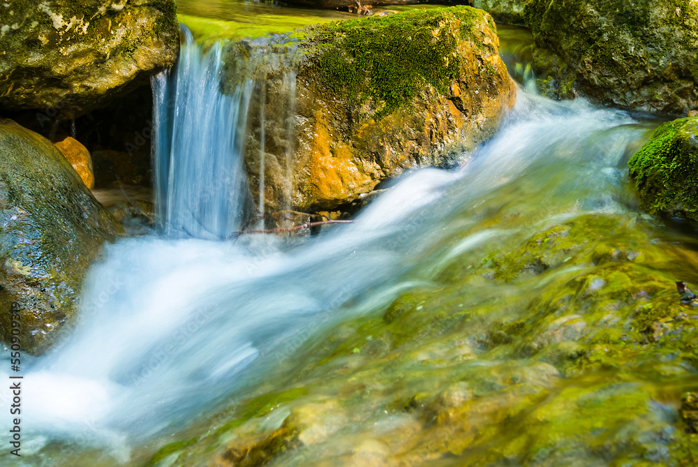 Fototapeta premium closeup small brook flow in mountain canyon