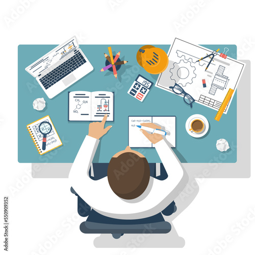 Student learns at the table. Concept distance education, e-learning, study process. Desk with objects of education: book laptop notebook pen. Flat design vector illustration. Homework.