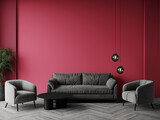 Livingroom in trend viva magenta color 2023 year. A bright wall accent paint background. Crimson, burgundy,  maroon shades of room interior design. Gray dark luxury furniture and lamps. 3d render 